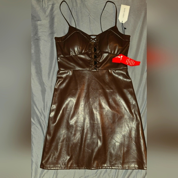 Elegant Brown Faux Leather Mini Dress - Picture 1 of 4